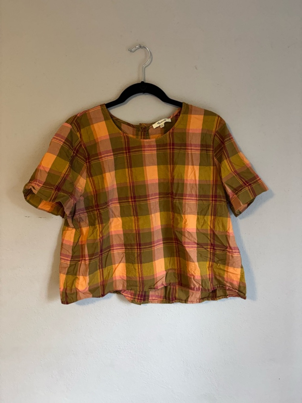 Madewell Short Sleeve Plaid Top in Olive & Pink